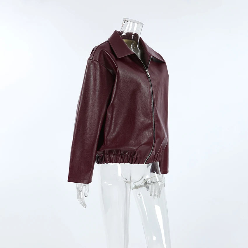 Abuuula's Wine Red Faux Leather Fashion Outerwear