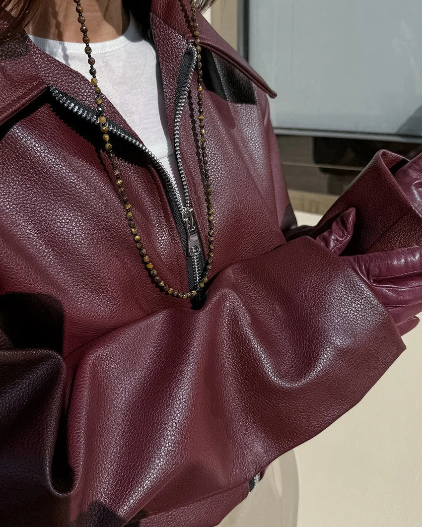 Abuuula's Wine Red Faux Leather Fashion Outerwear