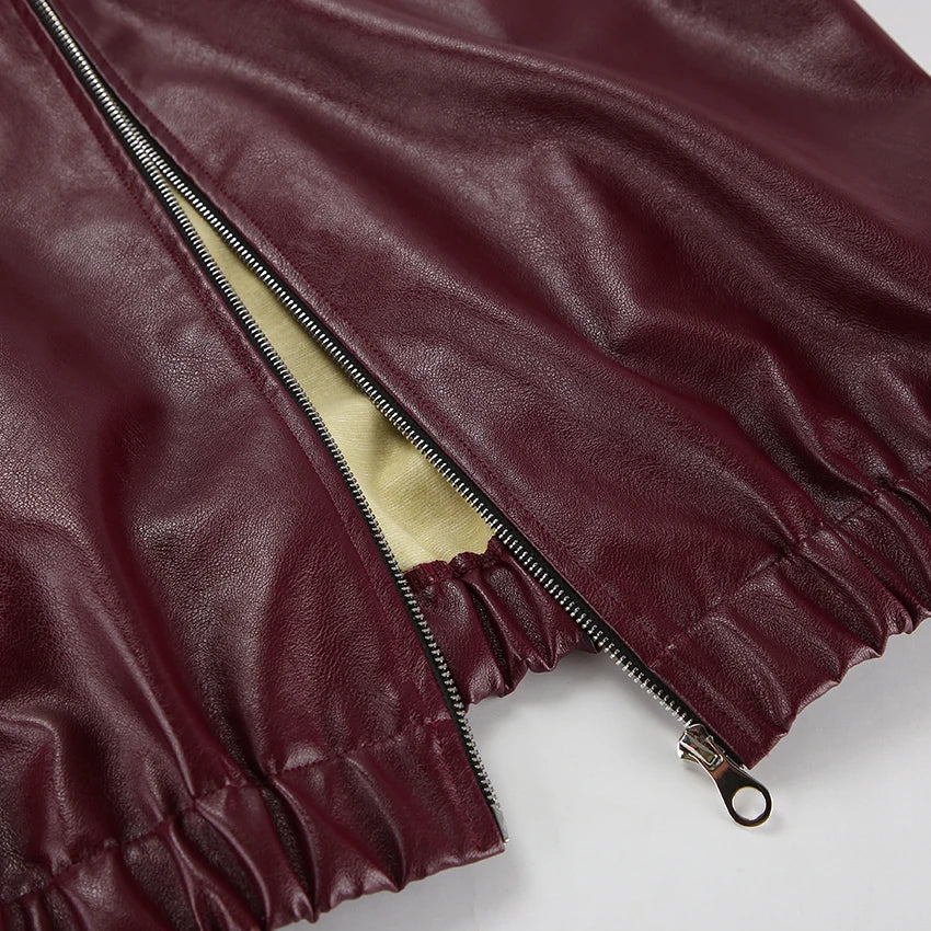 Abuuula's Wine Red Faux Leather Fashion Outerwear