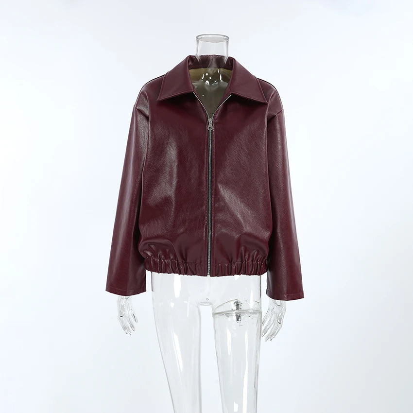 Abuuula's Wine Red Faux Leather Fashion Outerwear