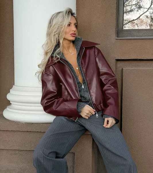 Abuuula's Wine Red Faux Leather Fashion Outerwear